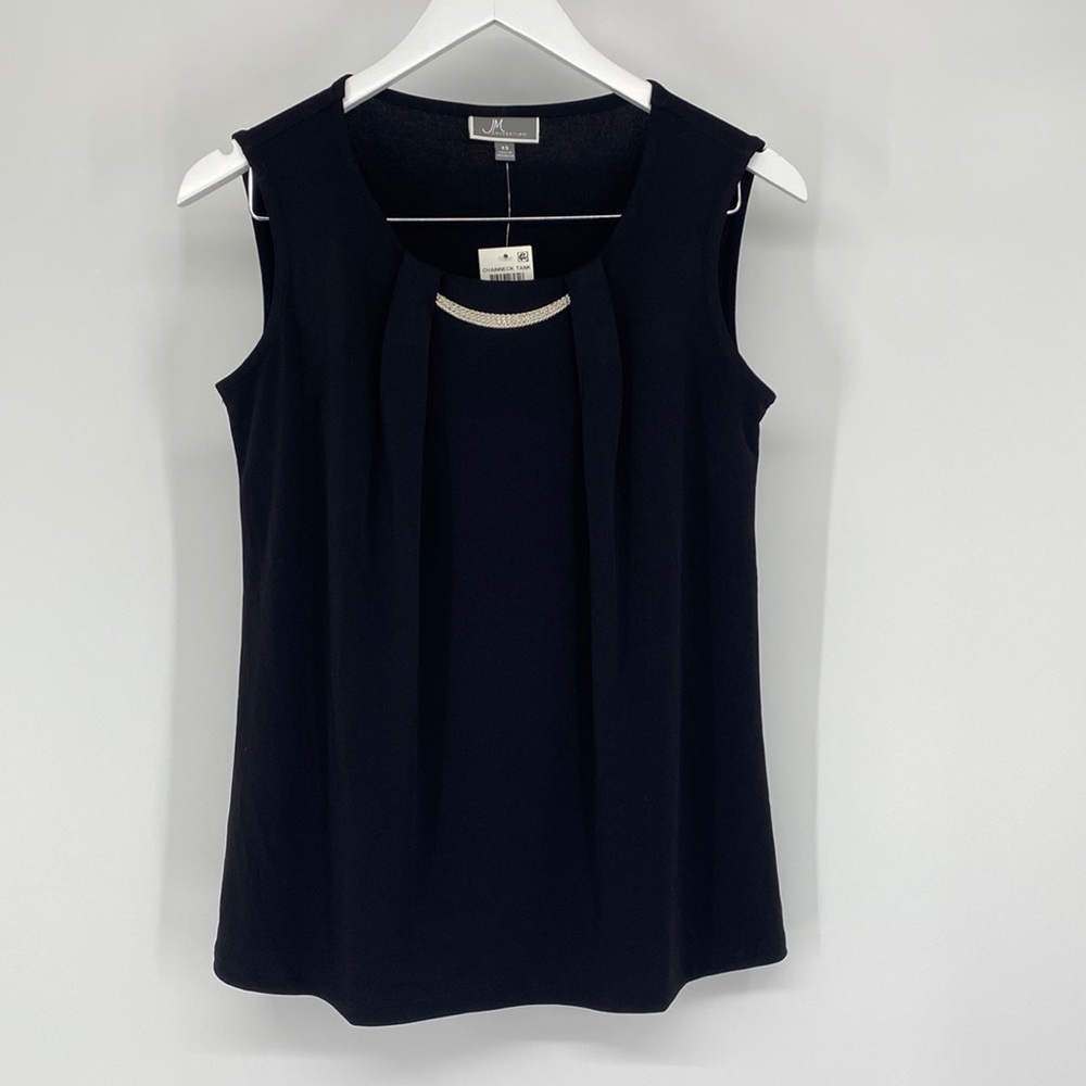 JM Collection Womens Pleated Stretchy Round Chain Neck Tank Top Black XS $35 NWT